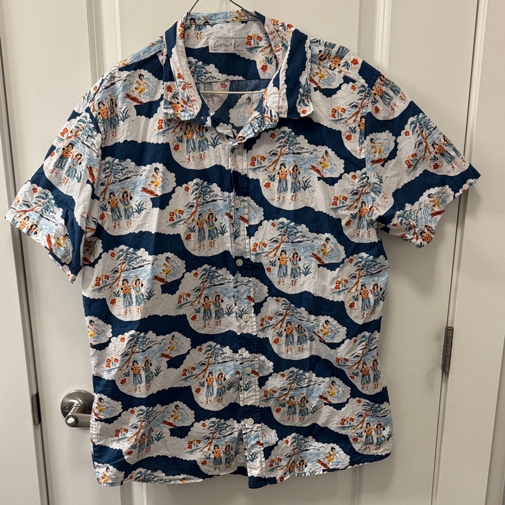 Tropical Hawaiian Surf Themed Casual Summer Resortwear  Button Down Shirt